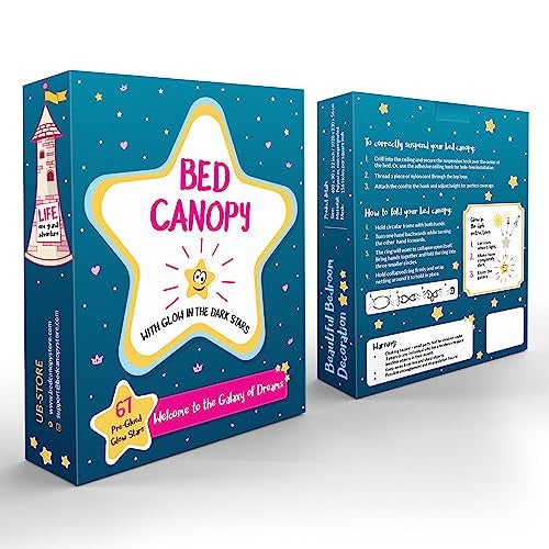 UB-STORE Blue Canopy for Girls Bed with Pre-Glued Glow in The Dark Stars - Princess Mosquito Net Room Decor - Kids & Baby Bedroom Tent with Galaxy Lights - 1 Opening Canopy Bed & Hanging Kit Included - Image 3