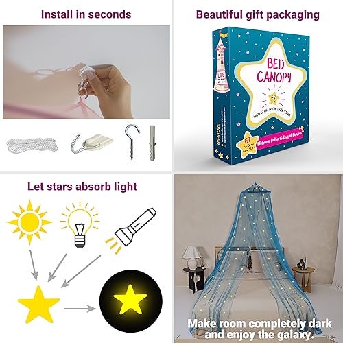 UB-STORE Blue Canopy for Girls Bed with Pre-Glued Glow in The Dark Stars - Princess Mosquito Net Room Decor - Kids & Baby Bedroom Tent with Galaxy Lights - 1 Opening Canopy Bed & Hanging Kit Included - Image 4