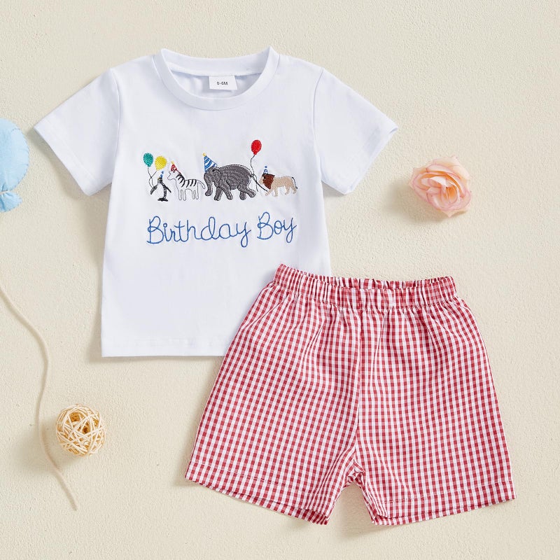 Mobbdow Toddler Baby Boy Birthday Outfit Birthday Boy Embroidery Short Sleeve T-Shirt and Gingham Plaid Shorts Set (White Red, 3-4T) - Image 2