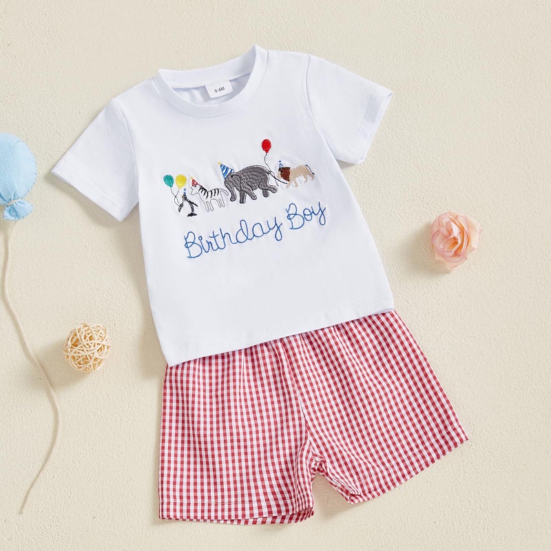 Mobbdow Toddler Baby Boy Birthday Outfit Birthday Boy Embroidery Short Sleeve T-Shirt and Gingham Plaid Shorts Set (White Red, 3-4T) - Image 3