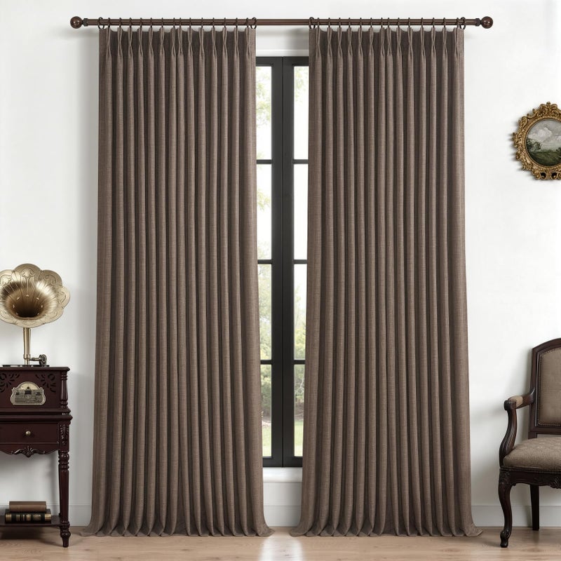 PleatedDrapes Dark Brown Pleated Double Layer Thick Linen Curtains 96 Inches Long for Bedroom, Memory Trained Pinch Pleat Blackout Thermal Noise Blocking Rustic Windows Curtain & Drapes 2 Panels Set 8 FT Length - Image 1
