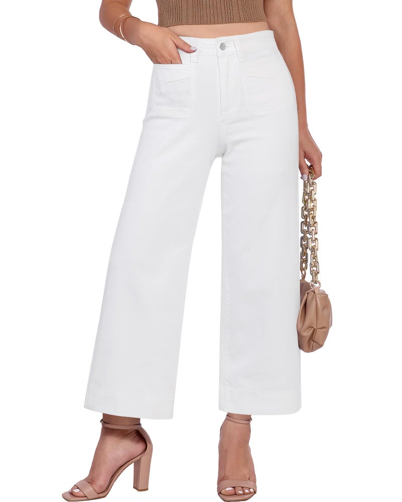 GRAPENT Wide Leg Pants Cropped for Women Work Jeans High Waisted Cream White Cowgirl Wide Leg Cropped Jeans, Cream White, M, US Size 8 to 10 - Image 1