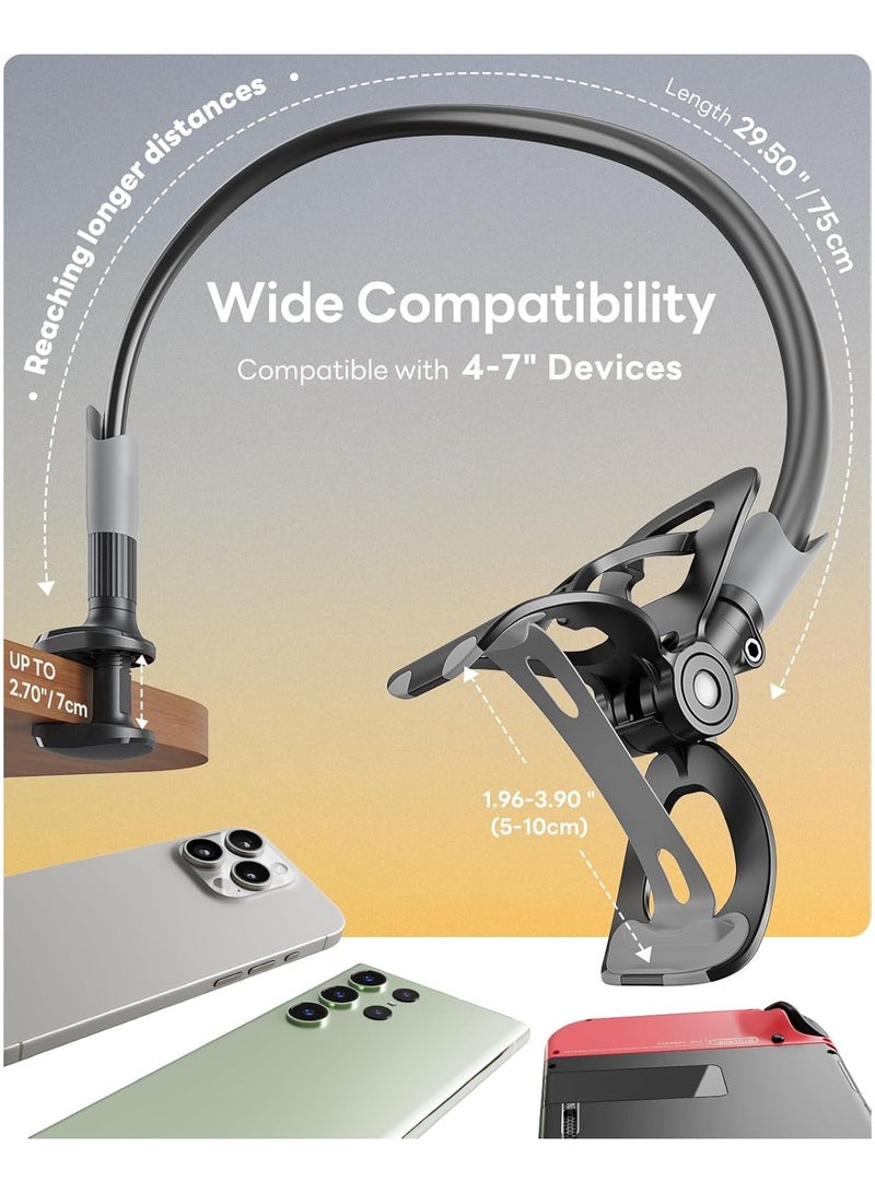 SAIJI Gooseneck Bed Phone Holder, Flexible Long Arm Phone Mount for Desk, Clip Bracket Clamp Stand, iPhone Stand, Mobile Cell Phone Stand Document Camera Nintendo Switch (Black) - Image 2