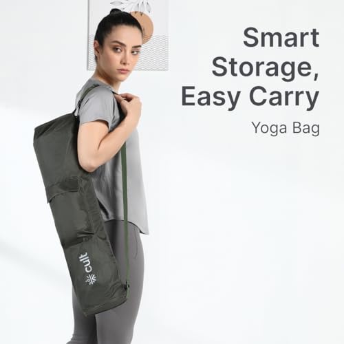 CULT Yoga Mat Carry Bag – Durable Polyester with Adjustable Shoulder Strap, Side Utility Pocket & Mesh Bottle Holder, Water-Resistant, Lightweight & Portable Cover – Fits Yoga Mats up to 6mm – Olive - Image 2