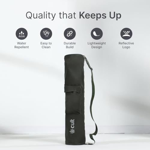 CULT Yoga Mat Carry Bag – Durable Polyester with Adjustable Shoulder Strap, Side Utility Pocket & Mesh Bottle Holder, Water-Resistant, Lightweight & Portable Cover – Fits Yoga Mats up to 6mm – Olive - Image 3