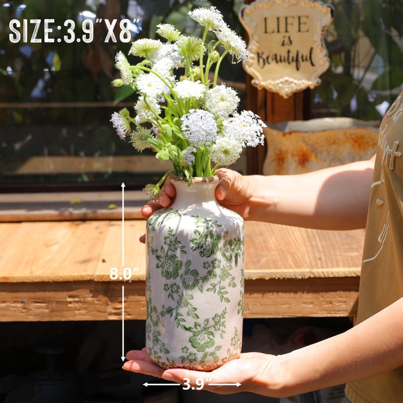 Ronasip 8" Retro Crackle Glaze Ceramic Vase Rustic Green Vases Decorative Vases Farmhouse Home Decor Vase Chinoiserie Vintage Flower Vases (Green, 8 Inches) - Image 3
