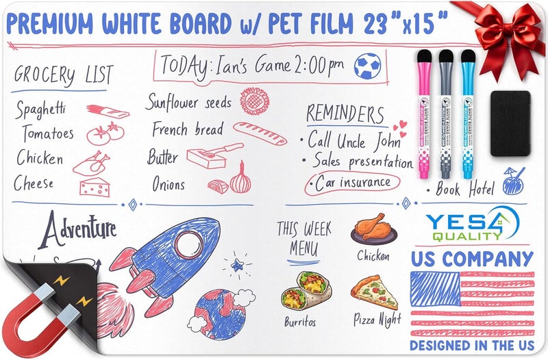 YES4QUALITY Extra Large Magnetic Dry Erase White Board Sheet for Fridge - 23x15 - Stain Resistant Technology with 3 Markers & Big Eraser with Magnet - Refrigerator Whiteboard Planner Organizer - by - Image 1