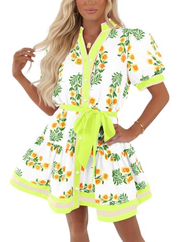Wenrine Womens Summer Floral Mini Dress Puff Short Sleeve V Neck Button Down Casual Loose Boho Beach Dresses with Belt Yellow - Image 1