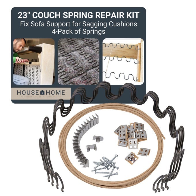 23 COUCH SPRING REPAIR KIT TO FIX SOFA SUPPORT FOR SAGGING CUSHIONS INCLUDES 4PK OF SPRINGS UPHOLSTERY SPRING CLIPS SEAT SPRING STAY WIRE SCREWS AND INSTALLATION INSTRUCTIONS
