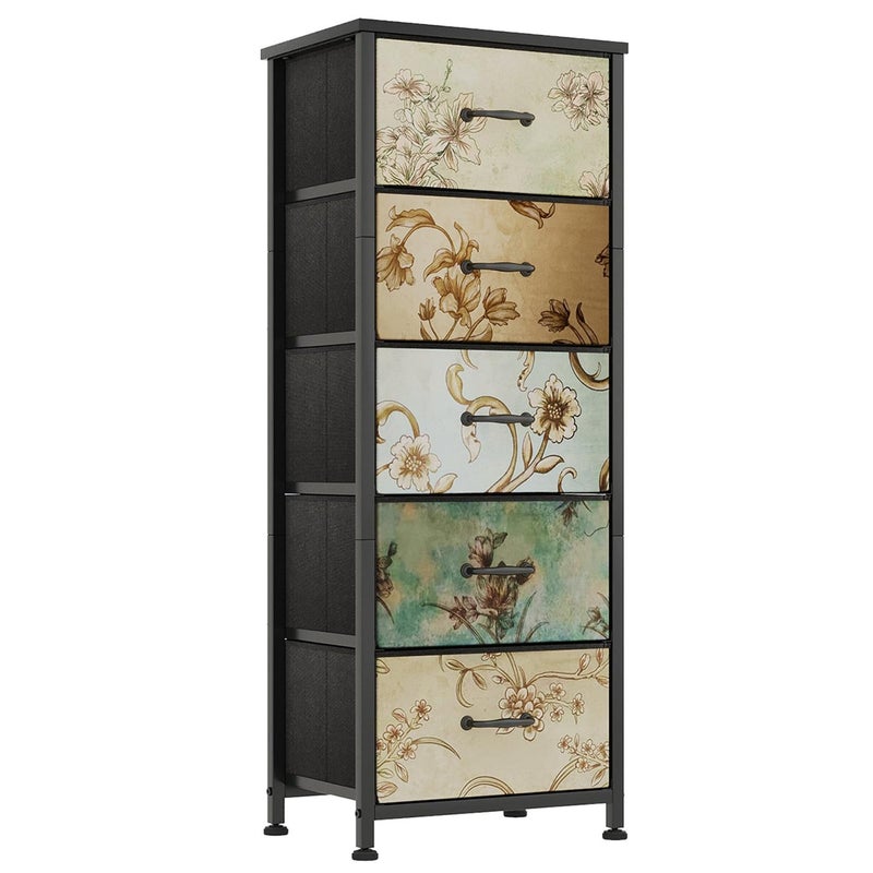 CAIYUN Chest of Drawers Bedroom with 5 Drawers Tall Fabric Dressers with Flower Printing Dresser for Entryway Hallway Living Room Closet Storage Drawer Bedside Table