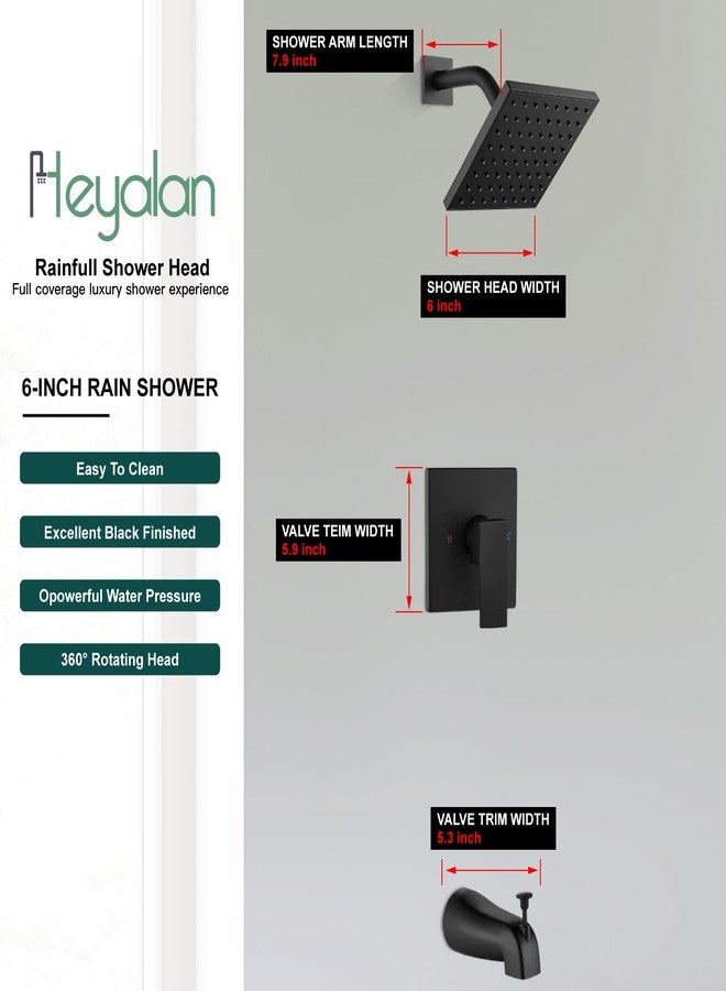 Heyalan Bathtub Shower Faucet Set, 6 Inch Square Trim Kit with Single Handle, Showerhead & Handle Set, Male Thread, with Tub Spout,Matte Black - Image 4