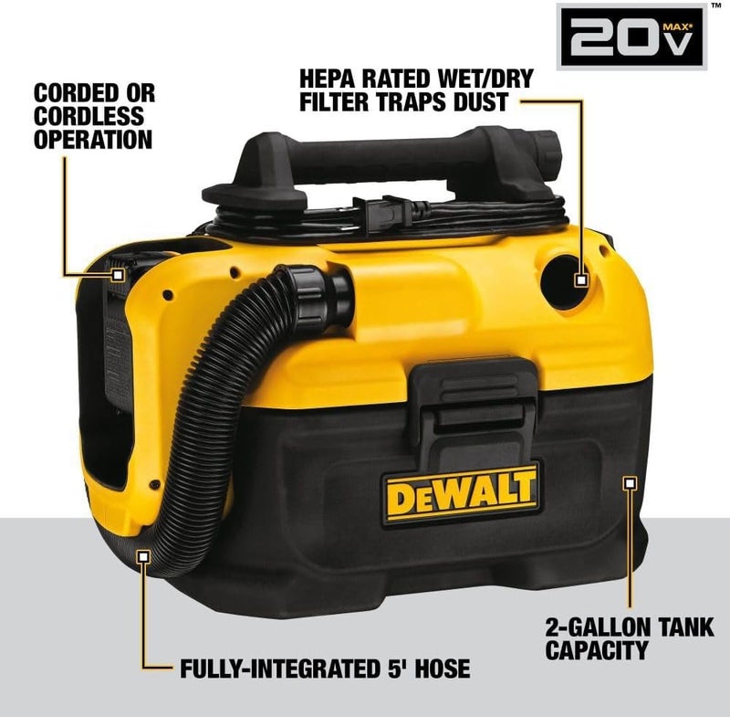DEWALT مكنسة ديوليت Shop Vacuum الرطبة والجافة اللاسلكية والسلكية مكنسة الرطوبة والجفاف 20V MAX أداة محمولة فقط DCV581H - Image 3