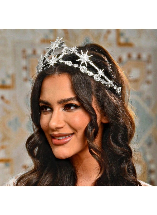 GORTIN Star Moon Crown Headband Silver Bride Wedding Headband Rhinestone Tiara Goddess Headpiece Bridal Hair Accessories for Women - Image 2