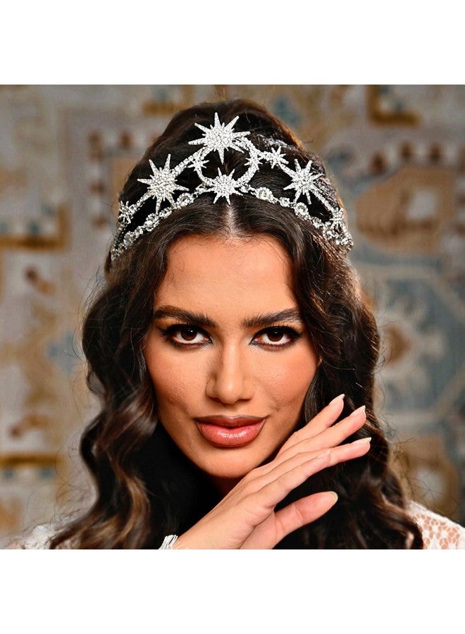 GORTIN Star Moon Crown Headband Silver Bride Wedding Headband Rhinestone Tiara Goddess Headpiece Bridal Hair Accessories for Women - Image 4