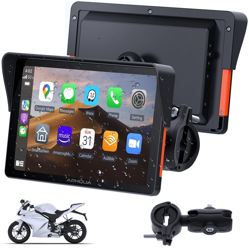 APHQUA Motocycle Carplay-7-Inch Motorcycle GPS Navigation System with Apple CarPlay & Android Auto, Waterproof Touchscreen, Bluetooth, IP67 Waterproof for Motorbike, Support Siri & Google Assistant - Image 1