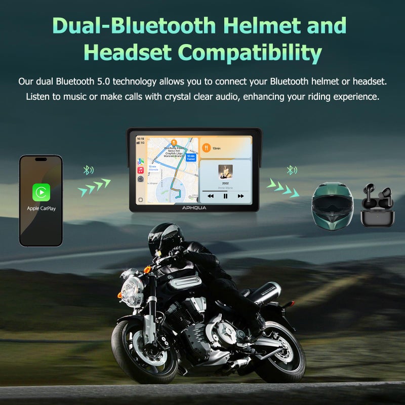 APHQUA Motocycle Carplay-7-Inch Motorcycle GPS Navigation System with Apple CarPlay & Android Auto, Waterproof Touchscreen, Bluetooth, IP67 Waterproof for Motorbike, Support Siri & Google Assistant - Image 3