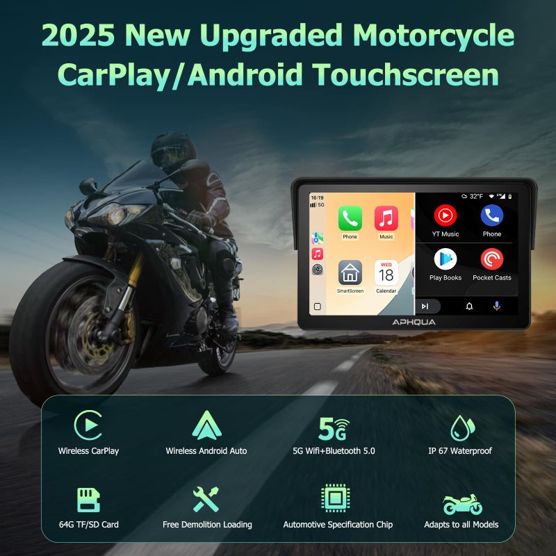 APHQUA Motocycle Carplay-7-Inch Motorcycle GPS Navigation System with Apple CarPlay & Android Auto, Waterproof Touchscreen, Bluetooth, IP67 Waterproof for Motorbike, Support Siri & Google Assistant - Image 5