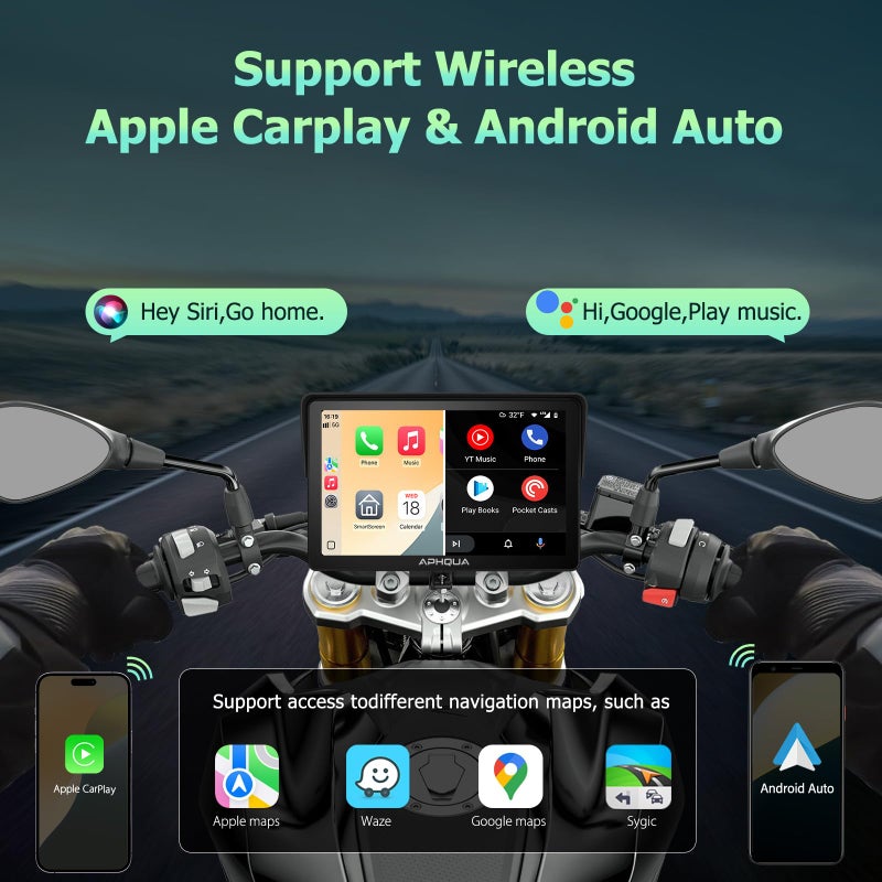 APHQUA Motocycle Carplay-7-Inch Motorcycle GPS Navigation System with Apple CarPlay & Android Auto, Waterproof Touchscreen, Bluetooth, IP67 Waterproof for Motorbike, Support Siri & Google Assistant - Image 2