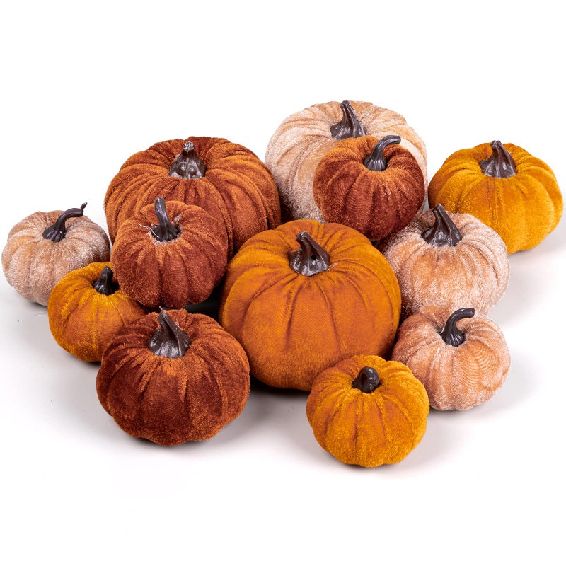 Whaline Whaline 12Pcs Fall Artificial Pumpkins 3 Sizes Fake Velvet Pumpkin Orange Brown Khaki Small Foam Pumpkin Autumn Table Centerpiece for Fall Harvest Thanksgiving Halloween Party Decoration  - Image 1