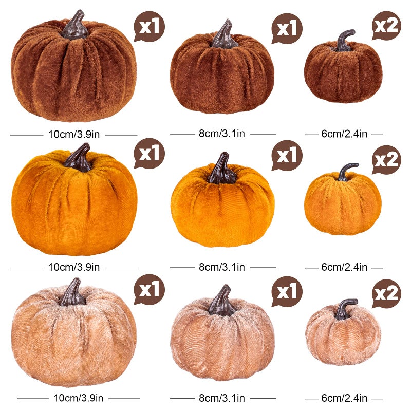 Whaline Whaline 12Pcs Fall Artificial Pumpkins 3 Sizes Fake Velvet Pumpkin Orange Brown Khaki Small Foam Pumpkin Autumn Table Centerpiece for Fall Harvest Thanksgiving Halloween Party Decoration  - Image 2