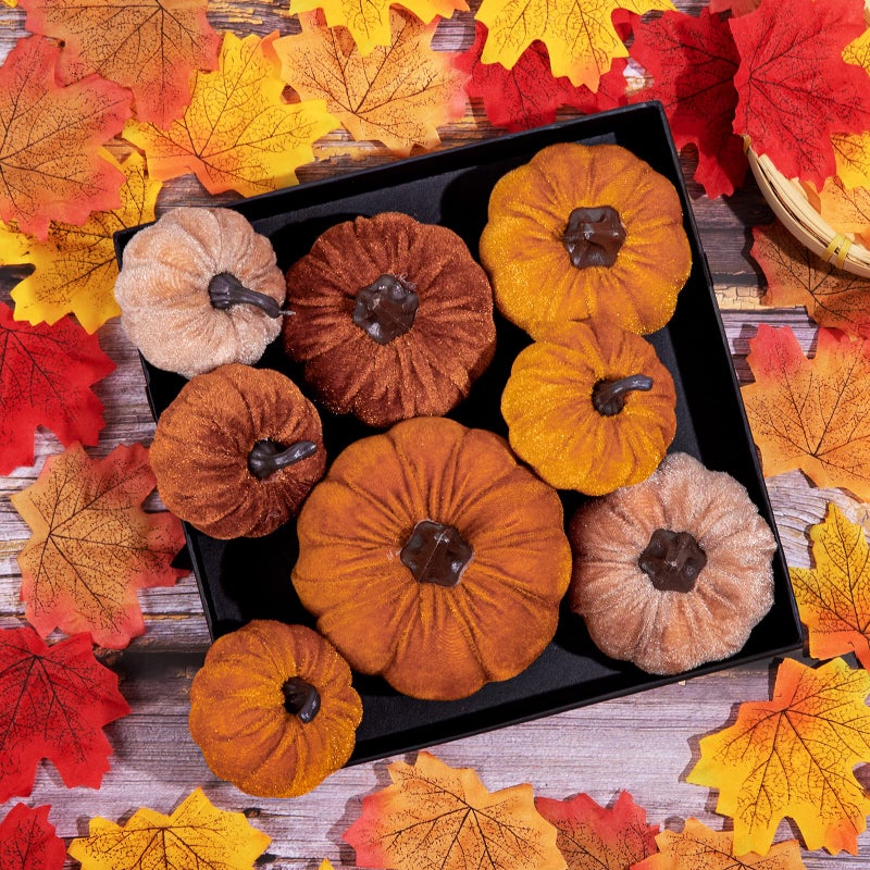 Whaline Whaline 12Pcs Fall Artificial Pumpkins 3 Sizes Fake Velvet Pumpkin Orange Brown Khaki Small Foam Pumpkin Autumn Table Centerpiece for Fall Harvest Thanksgiving Halloween Party Decoration  - Image 4