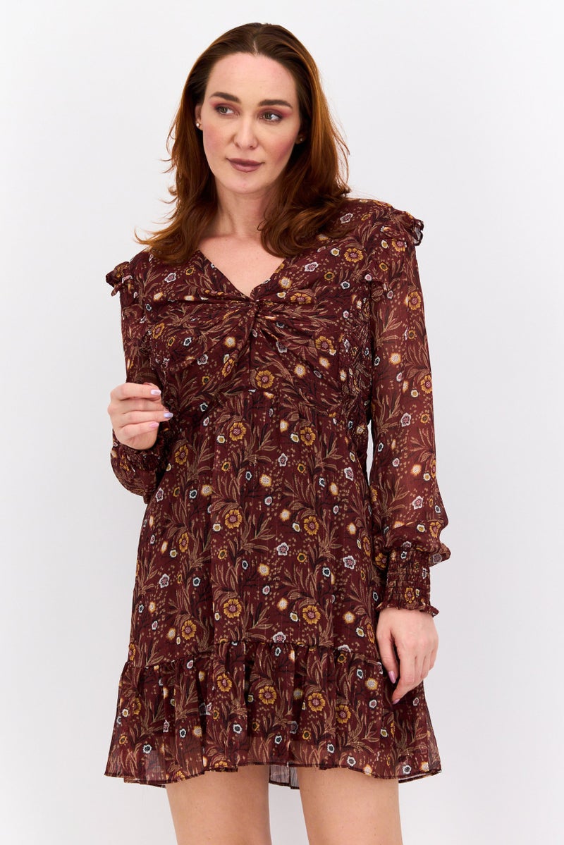Black Tape Women Floral Print Mini Dress, Maroon Combo  - Image 1
