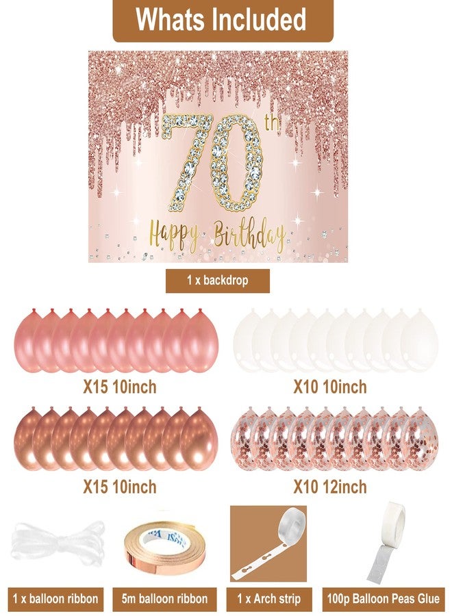 Bumqviy Happy 70th Birthday Banner Backdrop Decorations with Confetti Balloon Garland Arch, Rose Gold 70 Birthday Banner Balloon Set for Women, Pink 70 Year Old Bday Poster Photo Booth Decor - Image 2