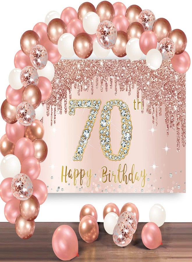 Bumqviy Happy 70th Birthday Banner Backdrop Decorations with Confetti Balloon Garland Arch, Rose Gold 70 Birthday Banner Balloon Set for Women, Pink 70 Year Old Bday Poster Photo Booth Decor - Image 1