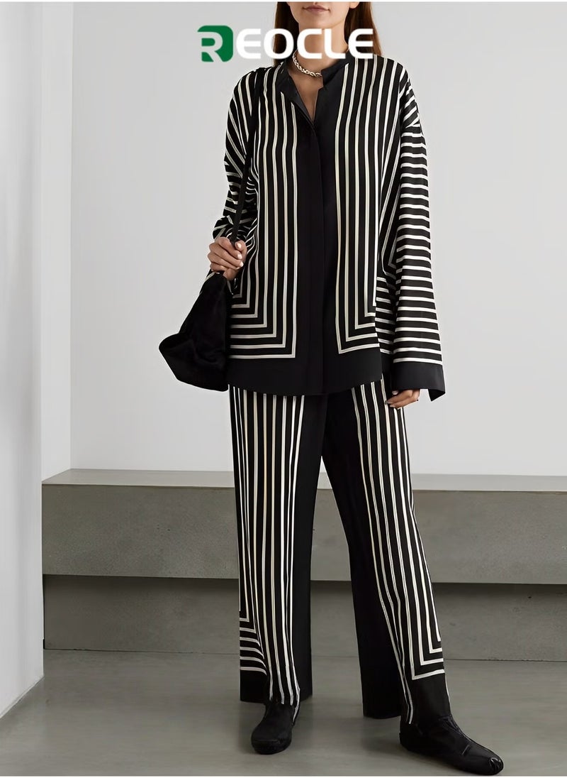 REOCLE Women’s 2 Piece Pajama Set Printing Sleepwear Tops with Long Loose Pants Soft  Pajama Sets Satin Printed Co-Ord Sets - Image 1