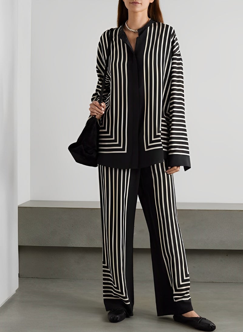 REOCLE Women’s 2 Piece Pajama Set Printing Sleepwear Tops with Long Loose Pants Soft  Pajama Sets Satin Printed Co-Ord Sets - Image 2