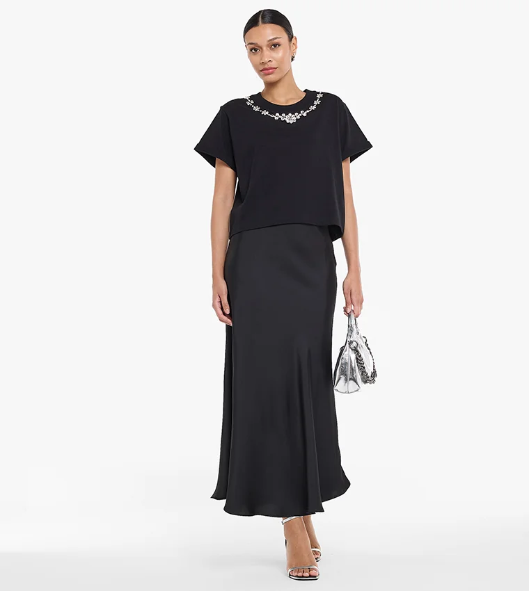 BCBG Rhinestone Neck Line Crop Tee