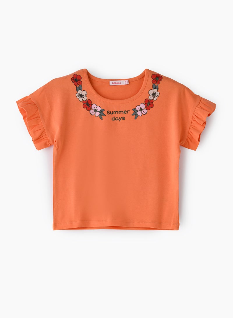 جيلين تيشيرت بناتي صيفي بطبعة زهور باللون البرتقالي - Image 1