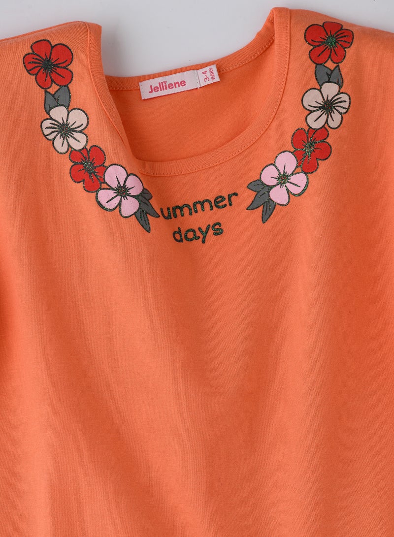 جيلين تيشيرت بناتي صيفي بطبعة زهور باللون البرتقالي - Image 3