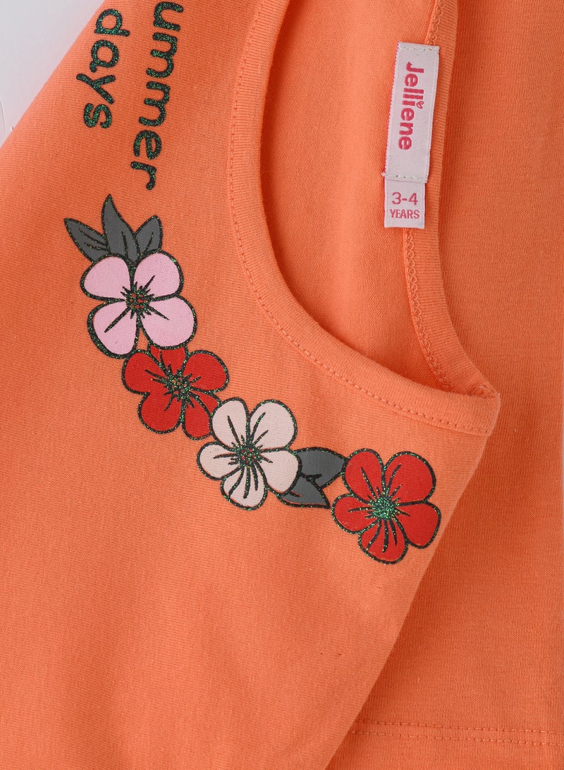 جيلين تيشيرت بناتي صيفي بطبعة زهور باللون البرتقالي - Image 4