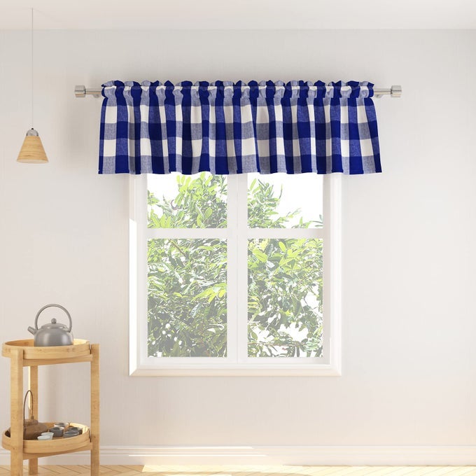 1 PANEL VALANCE CURTAINS 18 INCHES LONG CURTAIN VALANCE LIVING ROOM BUFFALO PLAID GINGHAM CHECK BEDROOM WINDOW FARMHOUSE CURTAIN VALANCE NAVY BLUE WHITE
