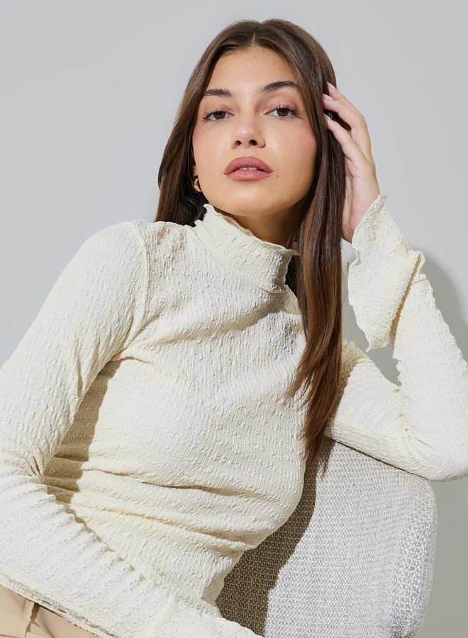 Styli Cream Textured High Neck Knit Top