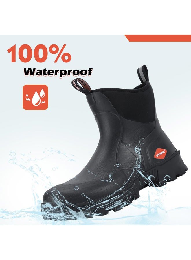 Showave Men's Short Rubber Boots Waterproof Rain Boots Insulated Working Booties with Comfortable Sports Sole, Black - Image 5