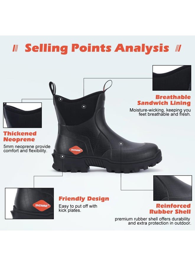Showave Men's Short Rubber Boots Waterproof Rain Boots Insulated Working Booties with Comfortable Sports Sole, Black - Image 3