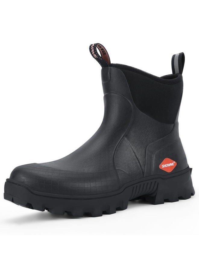 Showave Men's Short Rubber Boots Waterproof Rain Boots Insulated Working Booties with Comfortable Sports Sole, Black - Image 1