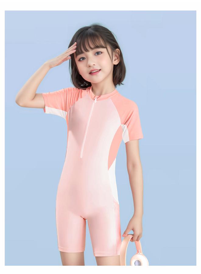 بدلة سباحة للبنات بدلة سباحة بأكمام قصيرة واقية من الطفح من قطعة واحدة بسحاب - Image 5