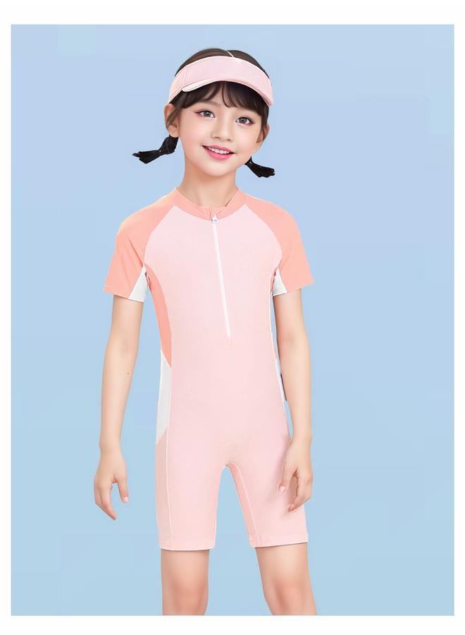 بدلة سباحة للبنات بدلة سباحة بأكمام قصيرة واقية من الطفح من قطعة واحدة بسحاب - Image 2