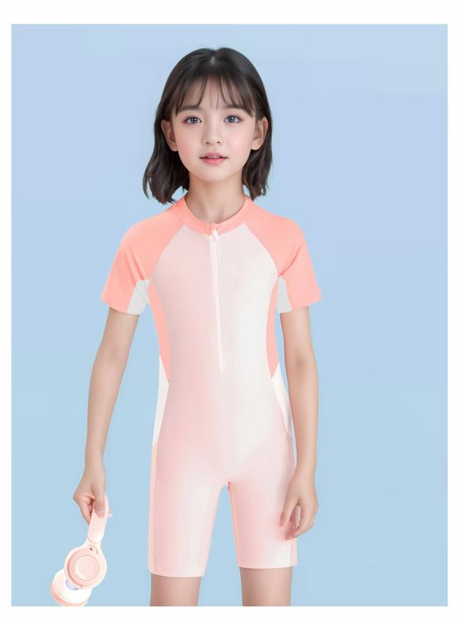 بدلة سباحة للبنات بدلة سباحة بأكمام قصيرة واقية من الطفح من قطعة واحدة بسحاب - Image 4
