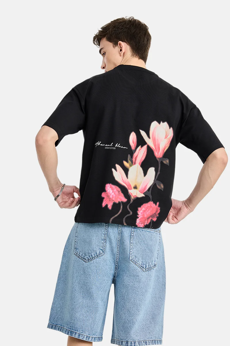 سنيتش Black Graphic Half Sleeve Boxy T-Shirt