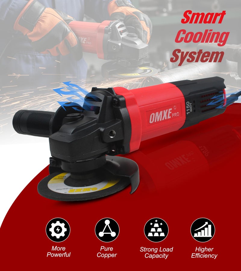 OMXE 1150W Angle Grinder Machine 4 Inch with 11000 RPM Brushless Motor | Corded Electric Alloy Steel Grinder for Cutting Grinding and Polishing | Compact Hand Grinder with Handle | Red and Black - Image 5