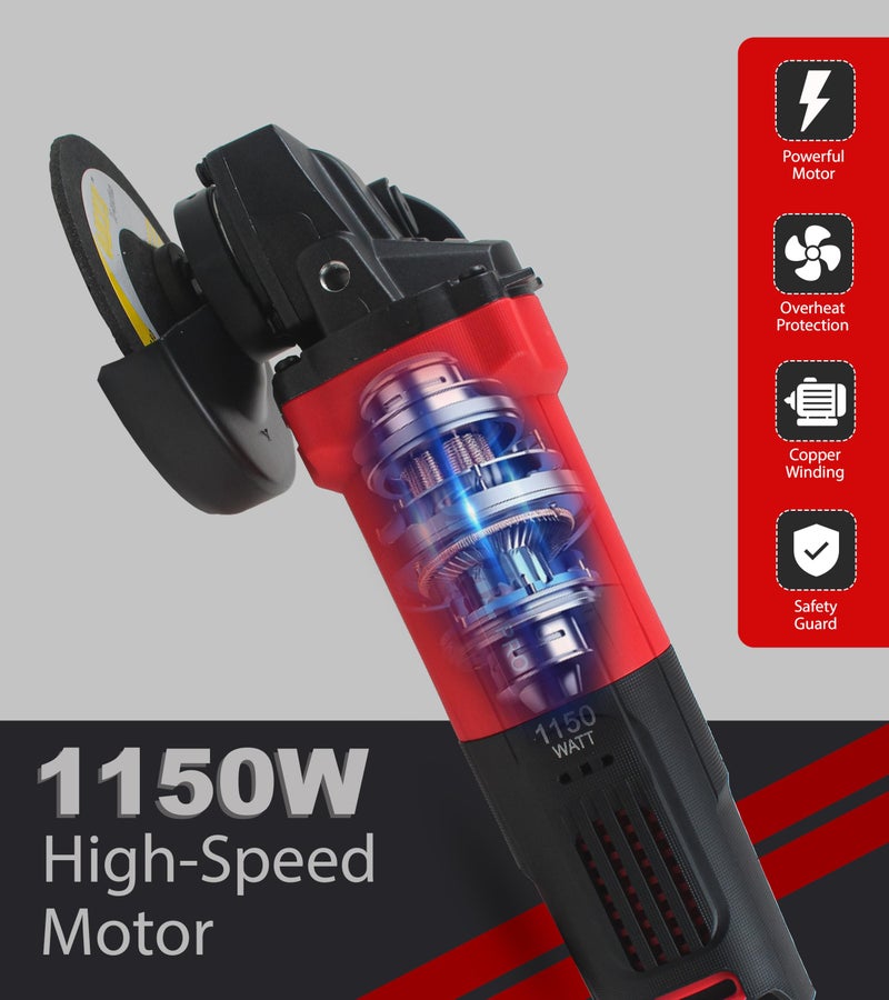 OMXE 1150W Angle Grinder Machine 4 Inch with 11000 RPM Brushless Motor | Corded Electric Alloy Steel Grinder for Cutting Grinding and Polishing | Compact Hand Grinder with Handle | Red and Black - Image 4