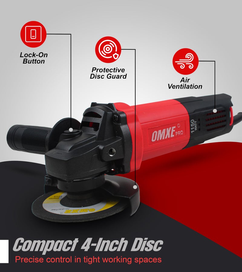OMXE 1150W Angle Grinder Machine 4 Inch with 11000 RPM Brushless Motor | Corded Electric Alloy Steel Grinder for Cutting Grinding and Polishing | Compact Hand Grinder with Handle | Red and Black - Image 3