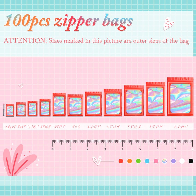 Funfery 100 pcs Red Smell Proof Mylar Holographic Bags Packaging Bags,Clear Resealable Odor Proof Bag Foil Pouch Zipper Bag for Food Storage,Lash,Jewelry Packing fpr Small Business(2.4x3.9In) - Image 3
