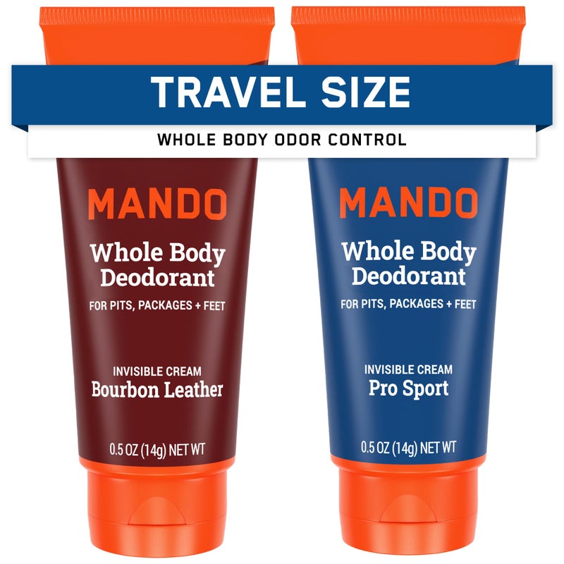 Mando Whole Body Deodorant For Men - XS Travel-Sized Invisible Cream Tube - 72-Hour Odor Control - Aluminum-Free, Baking Soda-Free - 0.5 ounce Tubes (Pack of 2) - Bourbon Leather and Pro Sport Scents - Image 1