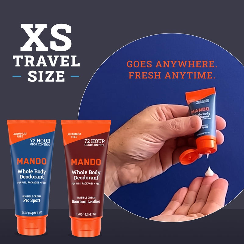 Mando Whole Body Deodorant For Men - XS Travel-Sized Invisible Cream Tube - 72-Hour Odor Control - Aluminum-Free, Baking Soda-Free - 0.5 ounce Tubes (Pack of 2) - Bourbon Leather and Pro Sport Scents - Image 2