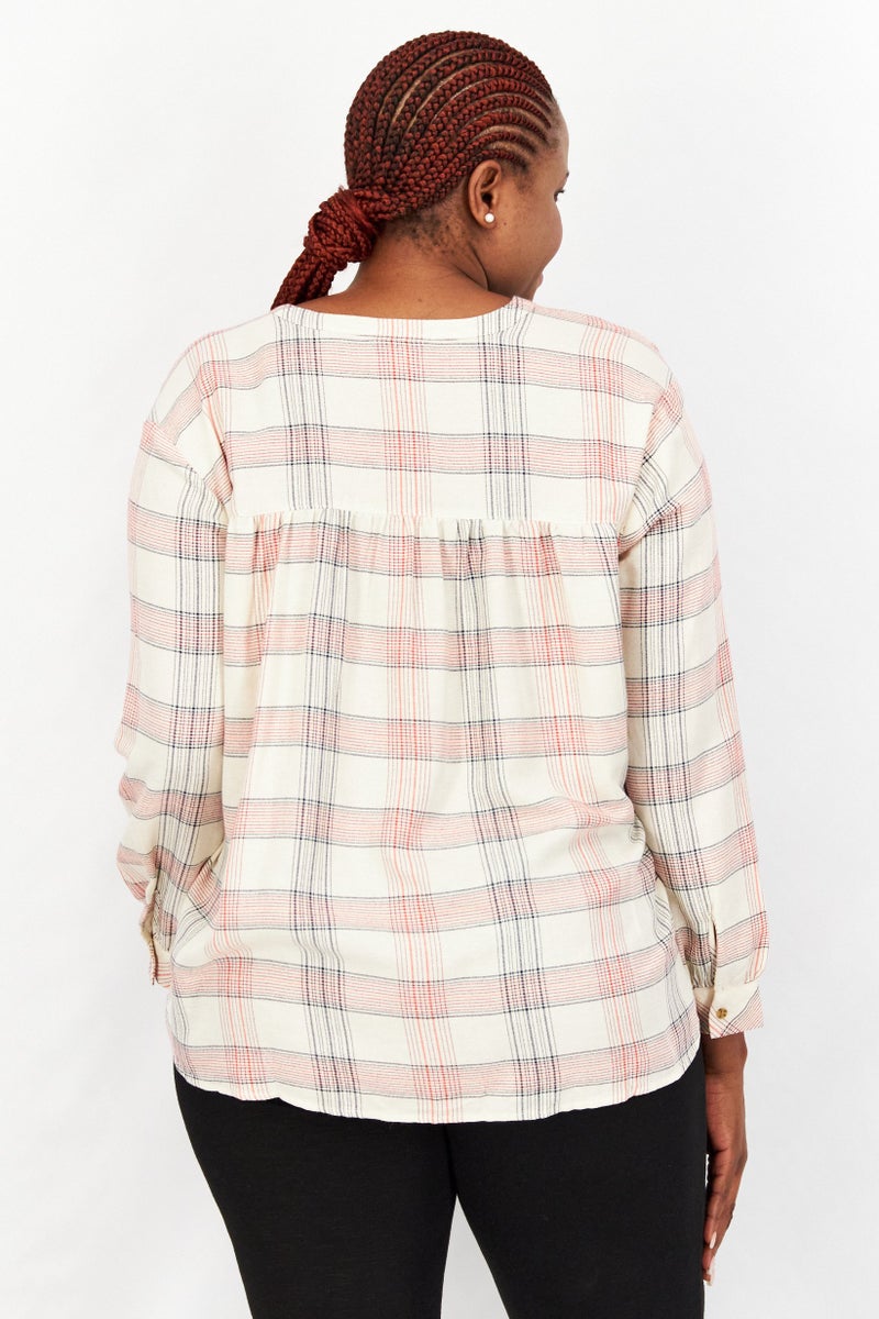 ESPRIT Women V-Neck Long Sleeves Checkered Shirt, Beige - Image 2